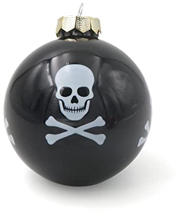 Extragoods Glänzendschwarze Gothic Christbaumkugel Mit Totenkopf Schmuck (8 cm, Glas, Hängend, Halloween, Weihnachten)
