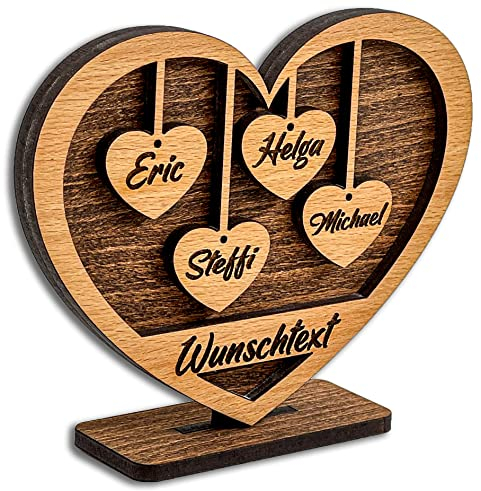 DARO Design - Herz mit Gravur aus Holz - Wunschtext und 4 Namen - Geschenk für Eltern, Großeltern, Oma, Opa, Enkel, Freunde, Liebe - Größe 15x12x4cm - Individuell, Persönlich