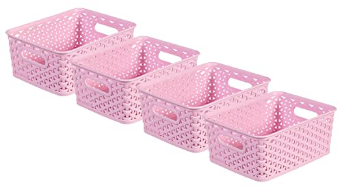 Curver My Style Rattan Effect Set of 4 Kitchen, Living room, Bathroom, Bedroom, Utility Small Rectangular Storage Baskets 4 Litres - Pink