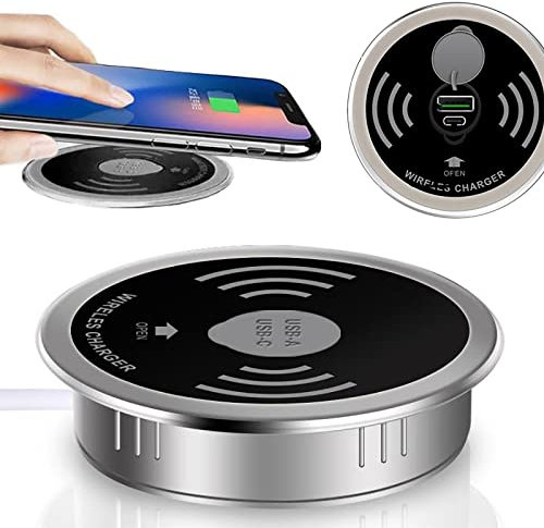 thickvalley Embedded Desktop Wireless Charger, 15W Portable Desk Fast Wireless Charging Station With USB Interface, Support USB-A and USB-C Output, for 60mm Desk Hole, All Qi-Enabled Phones (Black)