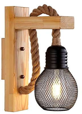 Partenopea® Applique lampada da parete in legno e corda di canapa per lampadina led E27 max 60w Stile Rustico Country Retrò di Universo (Legno chiaro Senza lampada)
