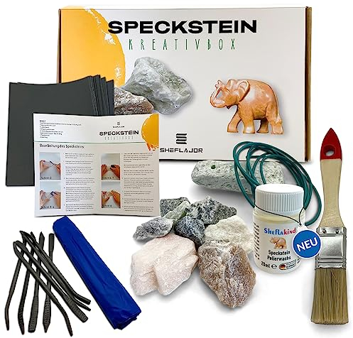 Sheflajor Speckstein-Set inkl. Polierwachs [Made in Germany] – Kreatives Bastelset für Kinder ab 7 Jahren, Mädchen, Jungen & Erwachsene – Fördert Konzentration & Stressabbau
