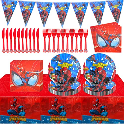 Vaisselle de Fête d'anniversaire,Ensemble de Décorations d'anniversaire Spider Héros,Fournitures de fête de Spider Héros,Comprend Nappe,Assiette,Serviette,Fanion
