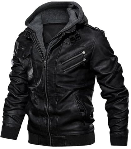 Uusollecy Lederjacke Herren, Kunstlederjacke Mit Abnehmbare Kapuze Schwarz M