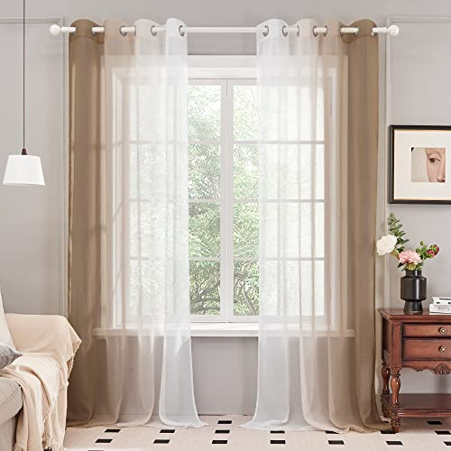 Deconovo Voile Vorhänge Durchsichtig Gardinenschals Balkon mit Ösen, 245x140 cm(HöhexBreite), Braun, 2er Set