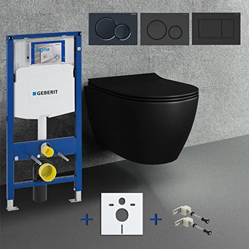 Spülrandloses Hänge WC Komplettset I schwarz matt I randloses Wand WC mit Geberit UP320 Spülkasten I Tiefspül WC I Softclose Deckel I Hänge Toilette Sigma Drückerplatte Vorwandelement (Sigma01)