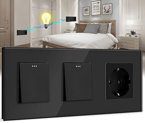 BSEED Doble Interruptor de pared con Enchufe,1 Gang 2 Vías Interruptor conmutador+16A Schuko Enchufe,10A Negro Interruptor de luz de botón pulsador con marco de cristal,Enchufes de pared para Cocina