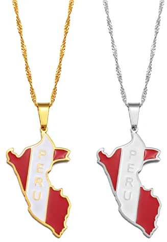 FENGJIAREN Peru-Karte mit Flaggen-Anhänger-Halsketten – Kette für Damen/Herren-Karten-Anhänger-Schmuck, Silberfarbe/Goldfarbe Trendy Schmuck-Karten-Anhänger-Halsketten, Silber, 60 cm