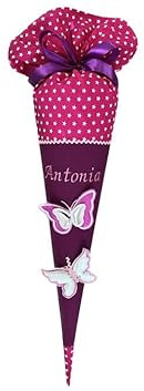 Glückspilz Schultüte mit Namen personalisiert, Schmetterling, Glitzer Zuckertüte aus Stoff genäht, mit Rohling, lila