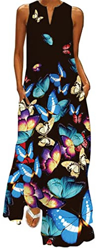 WINKEEY Femme Maxi Robe Longue Imprimé Papillon Robe d'Été Floral Grandes Tailles Boheme sans Manche avec Poches, Bleu 2XL