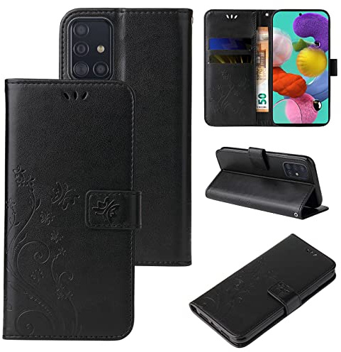 LBH Handy Hülle für Samsung Galaxy A51 Case Handytasche Schmetterling Blumen Flower Standfunktion Schutzhülle Magnet Rundum Schutz 360 Grad Flipcase Cover Schwarz