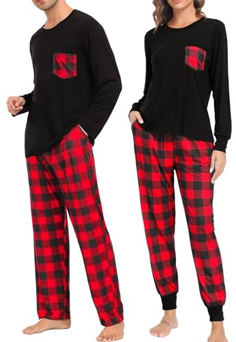 SWOMOG Weihnachten Schlafanzug Buffalo Plaid Pyjama Hose mit Taschen Langarm Oberteile Paare & Familie Pjs