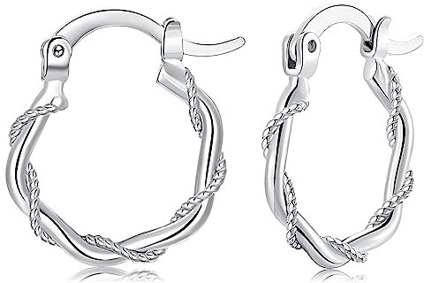 925 Sterling Silver Hoop Earrings for Women, White Gold Plated Silver Hoops Earrings, Hypoallergenic Silver Sleeper Twisted Hoop Earrings, 16mm Hoop Earring, Birthday Jewelry Gift for Women