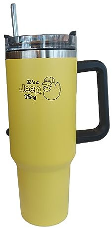 Jeep Thermobecher mit Griff, doppelwandig, vakuumversiegelt, Edelstahl, mit Strohhalm und Deckel, 1,2 l