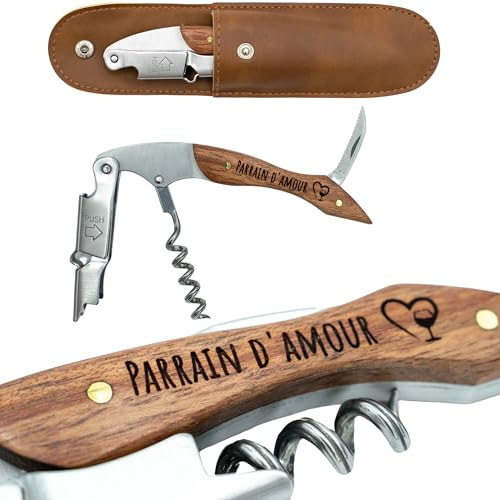ERNESTINE - Sacacorchos padrino sommelier de acero inoxidable grabado, profesional para padrino y Navidad, abridor de cápsulas, cuchillo - Regalo personalizado para hombres- Abrebotellas idea de