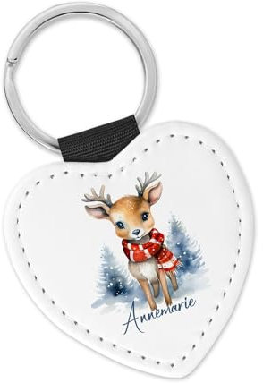 timalo® Schlüsselanhänger personalisiert mit Namen Herz Schlüsselband aus Kunstleder Geschenk Weihnachten Nikolaus Jungen Mädchen | Rentier