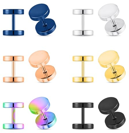 Longbeauty 6 Paar 16G Herren Damen Edelstahl Ohrstecker Set Ohrringe Ohrläppchen Fake Plug Tunnel Schraube Ohr Piercing Ohrschmuck, Stil B, 6MM
