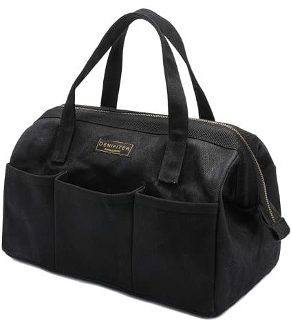Tool Bag with Zipper, Heavy Duty 16oz Waxed Canvas Wide Mouth Tool Tote Bag, 13-inch Muti-Purpose Storage Tool Pouch with Side Pockets