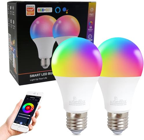 LED ATOMANT Pack 2x Bombilla LED Inteligente WiFi E27 8W RGB+CCT (Blanco Calido, Neutro y Frio), Regulable, Equivalente a 90W tradicional, Compatible con Alexa y Google Home