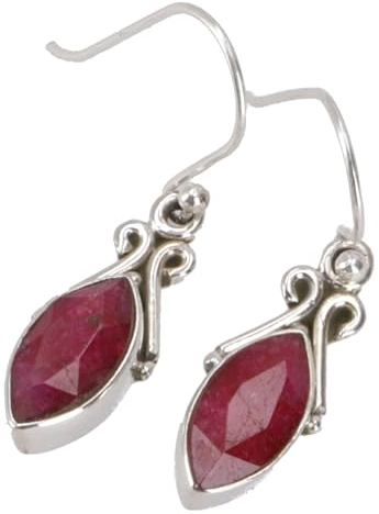 GURU SHOP Indische Silberohrringe, Filigrane Ethno Ohrringe, Ornament Ohrhänger - Rubinquarz, Rot, 2x1x0,6 cm