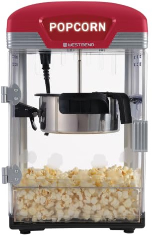 West Bend Stir Crazy Movie Theater Popcorn Popper, Gourmet Popcorn Maker Machine with Nonstick Popcorn Kettle and Popcorn Scoop for Popcorn Machine, 4 Qt., Red
