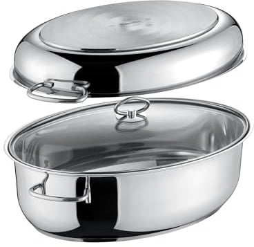 Ovaler Edelstahlbräter, 3in1 inkl. Glasdeckel 38 x 25,5 cm, Edelstahl, poliert - Bräter