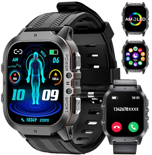 LIGE Smartwatch Herren Militärische 1.96 Zoll AMOLED Voll Touchscreen mit Telefonfunktion,Armbanduhr Herren 400mah mit 100+ Sportmodi IP68 Wasserdicht Aktivitätstracker,Herzfrequenz/SpO2 Schwarz
