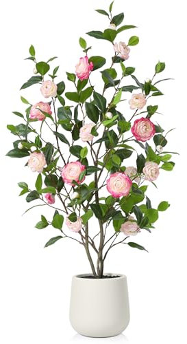 Fopamtri Camélia Artificiel de 120 cm Plantes Artificielles Interieur avec 30 Fleurs, Fausse Plante en Blanc Pot pour Maison Chambre Bureau Balcon Jardin Déco (Rose)