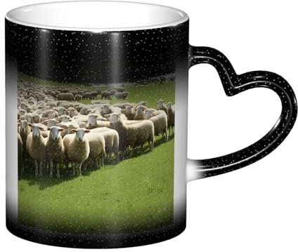 ASPOIJHN Tasse magique à changement de couleur (moutons et agneaux) - 325 ml - Réactive à la chaleur - Avec poignée en forme de cœur - Pour la maison, le café, le bureau