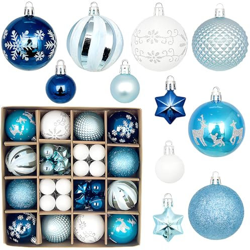 Weihnachtskugeln blau weiß,44 Stück weihnachtsdeko weihnachtskugeln Kunststoff, Christbaumschmuck mit Haken für weihnachtskugeln Set,Für weihnachtsbaumschmuck,Hochzeiten,Partydekorationen