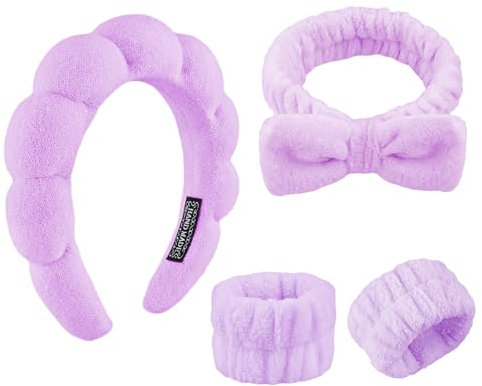YUXIANLB Spa Headband for Washing Face, Skincare Headbands for Women Makeup, Terry Cloth Towel Hairband for Skincare, Sponge Puffy Make Up Hair Band for Women, Face Washing Wristband Set (Purple)
