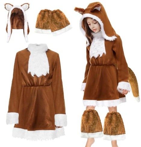 Helimwint Fuchs KostüM Kinder FüR MäDchen: Fuchs Rotbraun Tiere KinderkostüM Mit Hut Und Schwanz FüR 4-12 Jahre - Karneval Halloween Cosplay Motto-Party (L (10-12 Jahre alt))