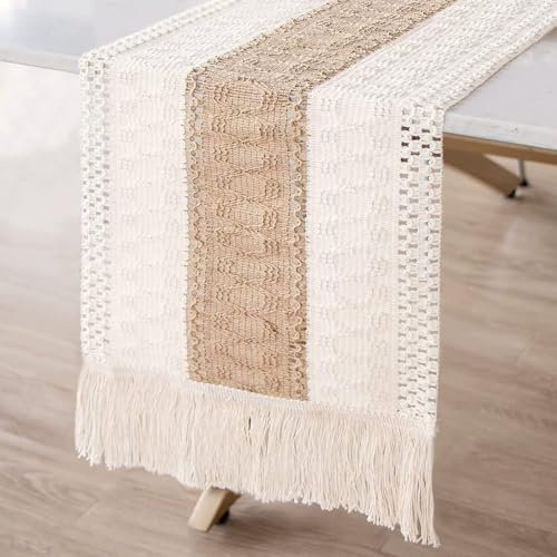 Beige Creme Boho Baumwollflachs Tischläufer mit Quasten, Rechteckige Häkelspitze Mesh Tischdecke, Waschbar Tisch Dekoration Party für Küche Vintage Bauernhaus böhmische Hochzeit Tabletop Dekor