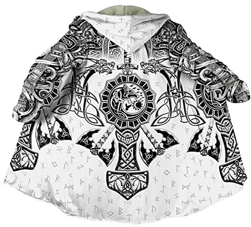 Viking 3D Druck Rabe Winterjacke Herren, Nordisch Helm der Ehrfurcht Tattoo, Warm Verdickt Kapuzenumhang, Mode Lässige Sherpa Futter Parka, Mittelalter Hornschnalle kaschmir Mantel(Mjolnir White,L)
