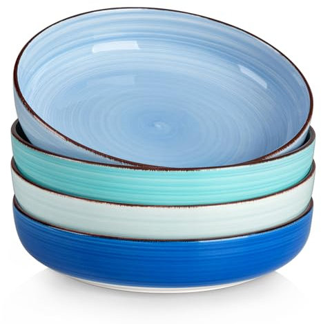 vancasso Pasta Bowls Set of 4, 46 oz Ceramic Salad Serving Bowls and Soup Bowls, Microwave Safe Pasta Plates, Large Shallow Kitchen Dishes, Bonita Series - Blue