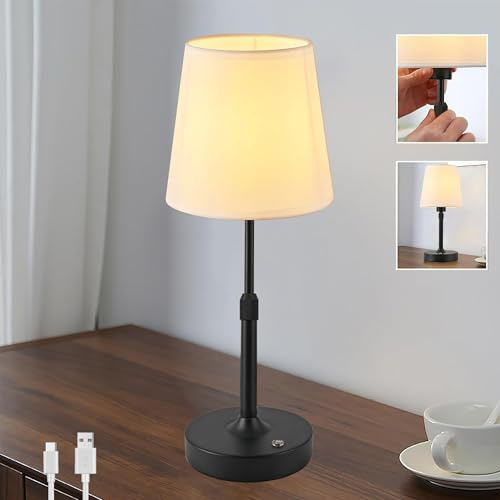 Lampada da tavolo senza fili,Lampada touch ricaricabile alimentata a batteria 5200mah,Lampada da scrivania con paralume in tessuto regolabile in altezza base in metallo,Lampada da comodino 2700k,nero