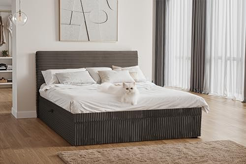 Kaiser Möbel - Bett 140x200 cm, Boxspringbett mit Bettkasten und Topper, Cord Schlafzimmerbett, Doppelbett mit Stauraum und Gepolstertes Kopfteil, Toppermatratze aus Viscoschaum - Trento - Braun
