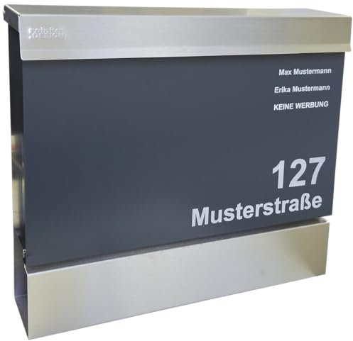 Personalisierter Briefkasten aus Edelstahl & Anthrazit RAL 7016, graviert, mit Zeitungsfach, Made in Germany, Design A, von reinkedesign, zum Einführungspreis