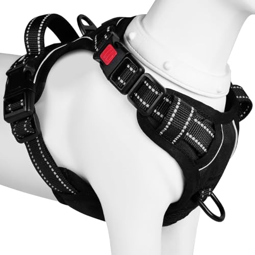 BaoCheng Hundegeschirr Anti Zug Hundegürtel,Kleine/mittlere/große Hunde,Atmungsaktives Mesh, Einfaches Be-und Entladen,3 Schnallen, Sicherheit,Entlastet Husten,Reflektierend(Schwarz,XL)