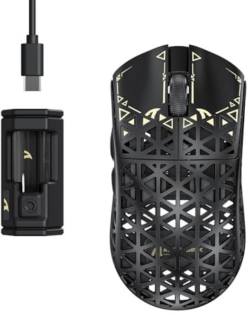 ATTACK SHARK R5 Ultra Ratón inalámbrico para Juegos De Alta Velocidad Fibra Carbono, Ultraligero 39g, Cable 2.4G/BT/USB-C, Sensor PAW3950MAX, Tasa De Sondeo Inalámbrica de 8KHz, 42KDPI, PC/Mac -Negro
