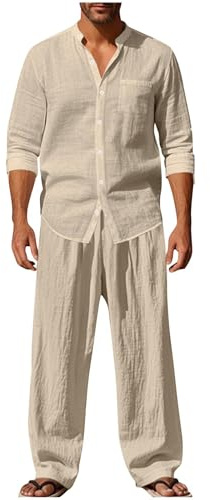 EMATOP Leinen Outfits Herren Sommer Leicht Sportanzug Lässiges Einfarbig Jogginganzug Baumwolle Leinen Tracksuit Casual 2 Teiliges Sommerhemd und Lang Hosen Freizeitanzug Zweiteiler Workout Set