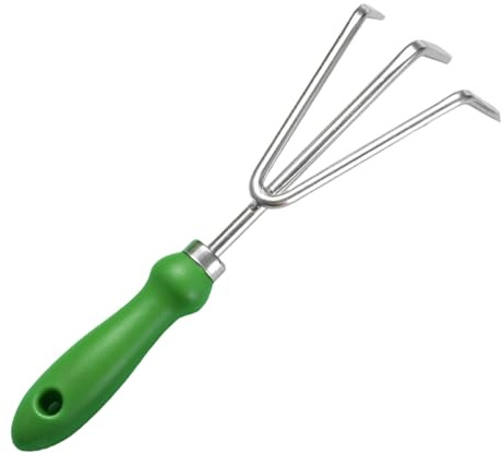 Veesper Hand Rake 10.6x3.5 Inch Stainless Steel Small Garden Rake with Ergonomic Plastic Handle for Gardening, Transplanting, Weeding, Soil Loosening, Digging