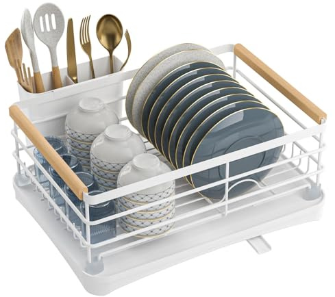 APPASO Dish Drainer Rack, Stainless Steel Rust-Resistant White Dish Racks with Drip Tray, Cutlery Holder & Swivel Spout, Space Saving Kitchen Counter Plate Drying Board, Large Capacity