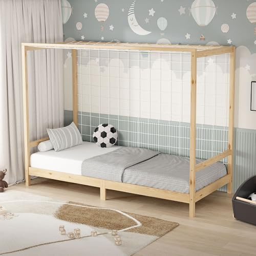 ML-Design Kinderbett Fußballtor 90 x 200 cm, Natur, Einzelbett für Kinder, Holzbett mit Lattenrost und Tornetz, Jugendbett aus Kiefernholz, Bettgestell mit Holzrahmen, Fußballbett-Tor, Handballtor
