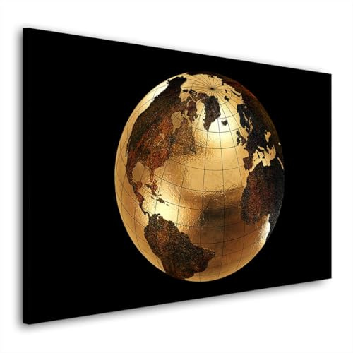 Kunstgestalten24 | Weltkugel Gold Wandbild | Leinwand-Bild mit Echtholz-Keilrahmen | Gemälde Kunst Art | Hochwertige Kunstdrucke | XXL Bilder | 120x80cm mit 2cm Rahmentiefe