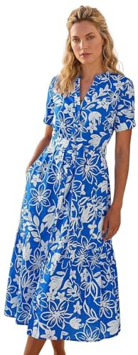 Roman Shirt Dress for Women UK Ladies Short Sleeve Sleeveless Belted Collared Midi Maxi Summer Spring Smart Casual Button Evening Office A Line Swing Skater - Floral Royal Blue - Size 12