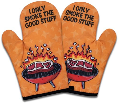 NAHMAKNE 2 Pack Funny BBQ Oven Mitts for Men, I Only Smoke The Good Stuff, Heat Resistant Non-Slip Mitts, for Dad, Humor Grilling Cooking Gifts for Husband Chef Friend BBQ Lovers