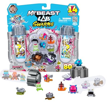 MrBeast Lab Swarms Battle Fusion-Serie Mega-Laborpackung – enthält 14 Mini-Monster mit ultraseltenem Hammerhead, über 80 Stück zum Sammeln, Sticker und Fusions-Kapseln zum Präsentieren