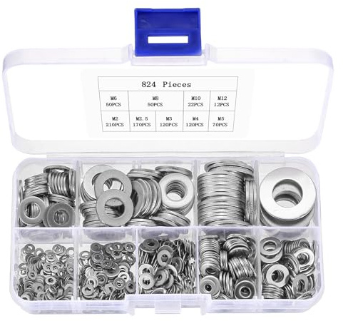 824 Pz Kit di Rondella Inox per Viti, Kit Rondelle Piatte Set, Rondella Metalliche Assortimento, Rondelle Acciaio Inox, rRondelle Piatte in Acciaio Inossidabile, M2 M2,5 M3 M4 M5 M6 M8 M10 M12
