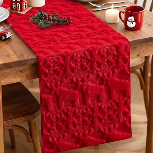 Artscope Schneeflocken und Elch Weicher Plüsch Kurzer Wollsamt Weihnachten Tischläufer, Saisonnal Winter Küche Tisch Dekoration Drinnen Urlaub Party Dekor 40x180 cm (Rot)